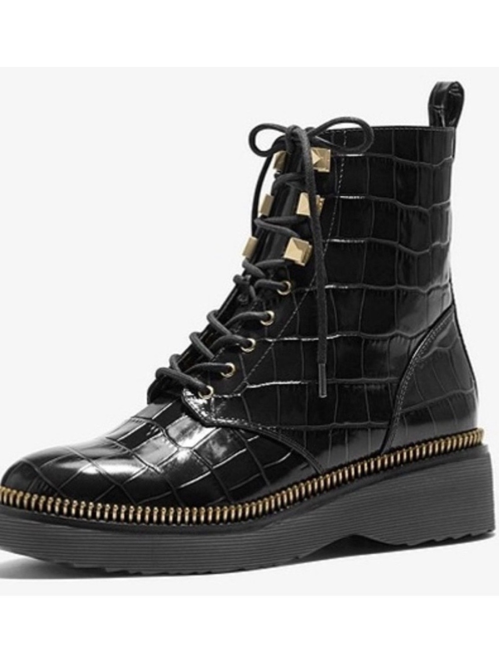 Michael Kors Haskell Black Croc-Embossed Lace-Up Ankle Boot with Gold Trim 6.5